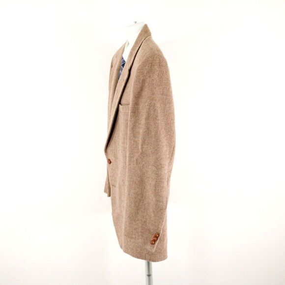 WM F Farah Tweed Wool Tan Herringbone 2 Leather Button Sport Coat 40L Tagged 42L - Picture 6 of 13